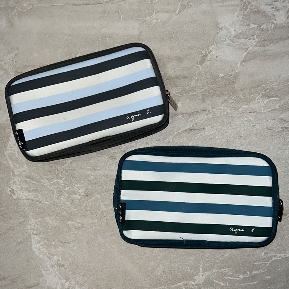 2 Agnes B Cathay Pacific Amenity Kit Case Pouch Bag Toiletry Makeup Cable Stripe